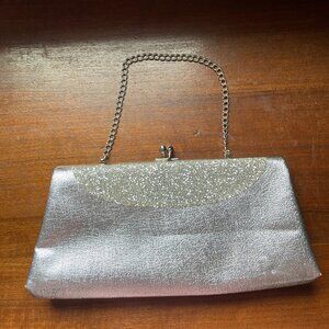 Vintage Silver Glitter Evening Clutch Kiss Lock w/ Chain